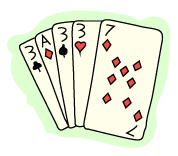5 playing cards, the 3 of clubs, ace of diamonds, 3 of spades, 3 of hearts, 7 of diamonds