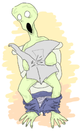 Some kind of weird looking alien sitting on a toilet, surprised at the newspapers it is reading