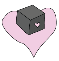 A black box with a heart on it, sitting on a pink heart also.