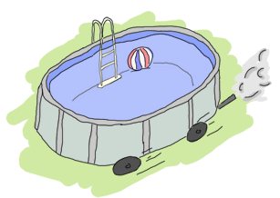 A pool with wheels and an exhaust pipe