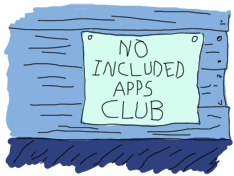 Parody of the Simpson's 'No Homers Club' with a sign that instead says 'No Included Apps Club'