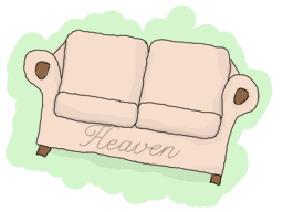 A couch, with 'heaven' written on it