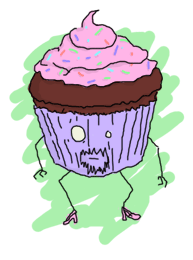 A chocolate cupcake with pink creamy topping in a purplish paper, with a face, beard, legs and high heel shoes (pink)