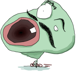 A green man with a huge head and tiny body on a bicycle
