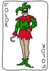 A playing card with 'Joker' replaced by 'Foldr'. The joker has huge glasses, a hook and hairy legs