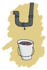 A leaky pipe with brown liquid dripping into a metal bucket