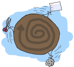 A tiny planet with a rock running after paper running after a pair of scissors which runs after the rock itself.
