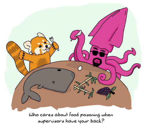A red panda and a squid sharing a meal (sperm whale, bamboo, eggs and grapes